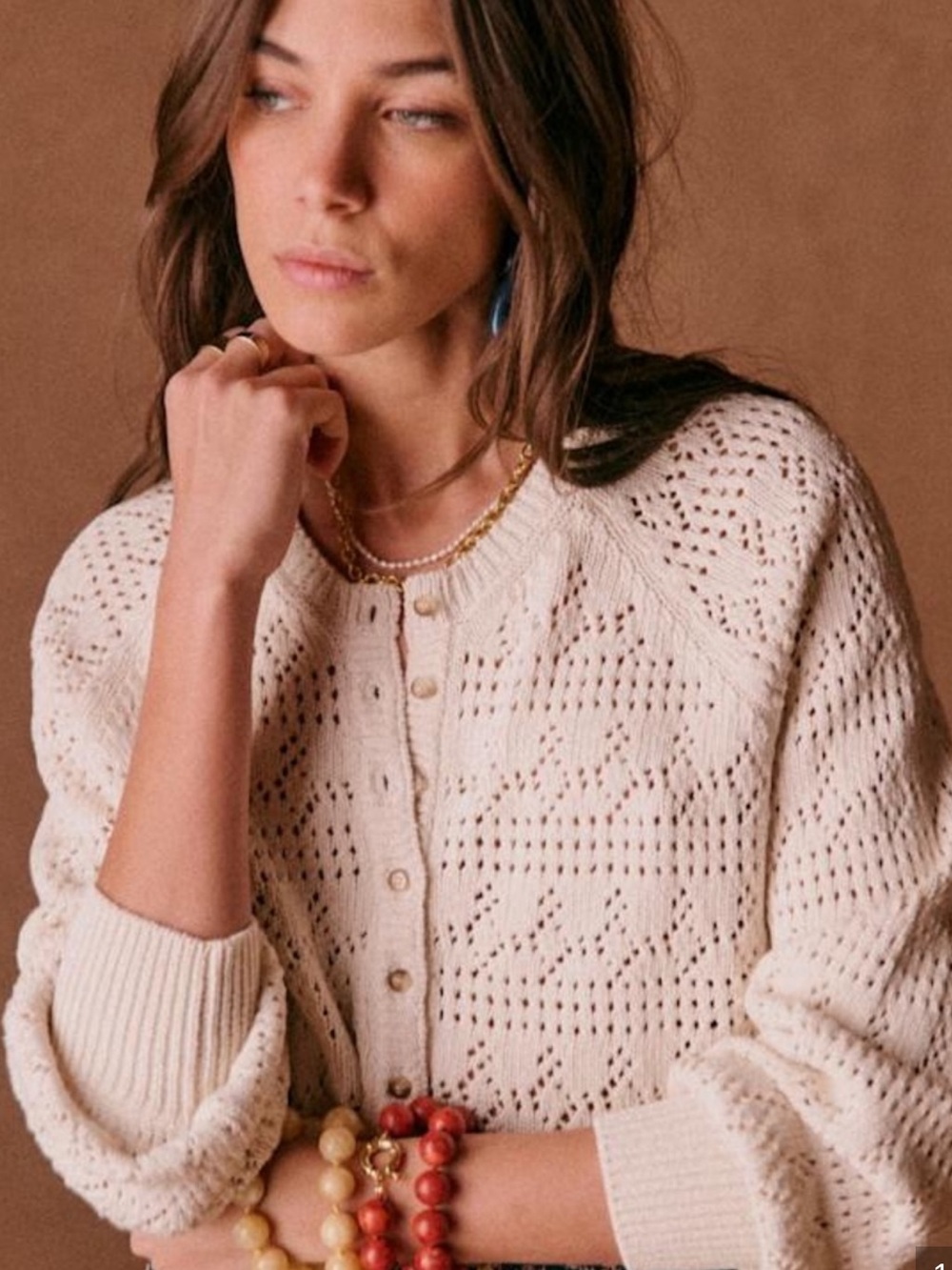 Sezane Cream Open-Knit Button Cardigan